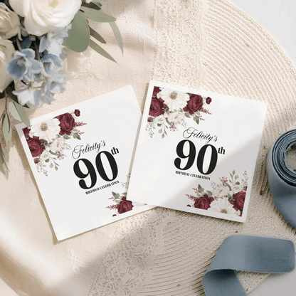 Vintage Burgundy Floral 90th Birthday Napkins