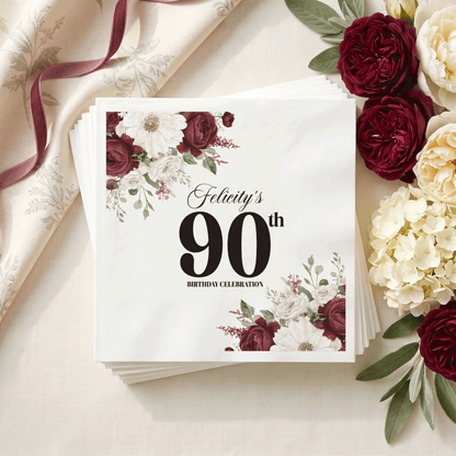 Vintage Burgundy Floral 90th Birthday Napkins