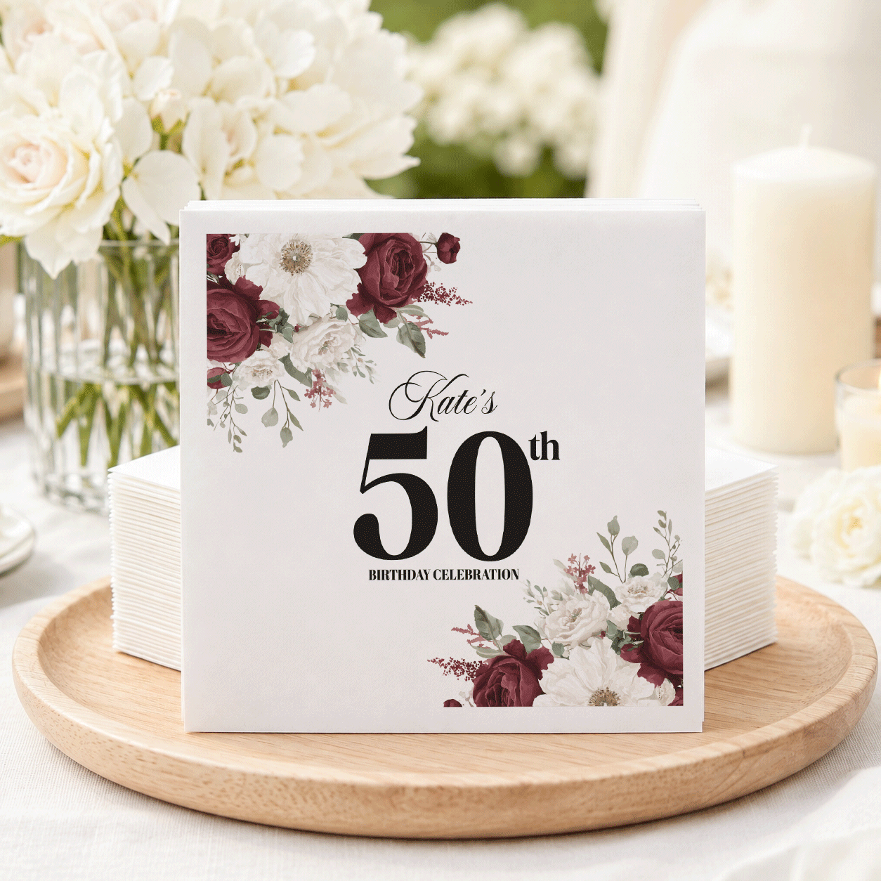 Burgundy Rose Personalized 50th Birthday Napkins