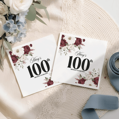 Centenarian Burgundy Rose 100th Birthday Napkins