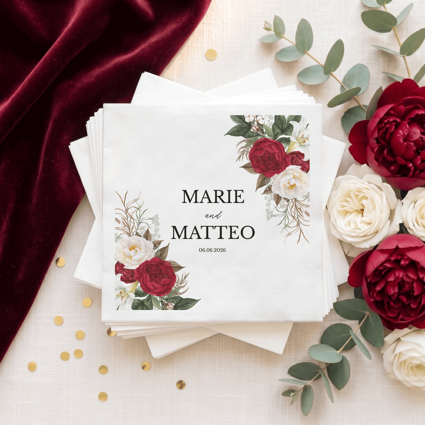 Burgundy Peony Personalized Wedding Napkins