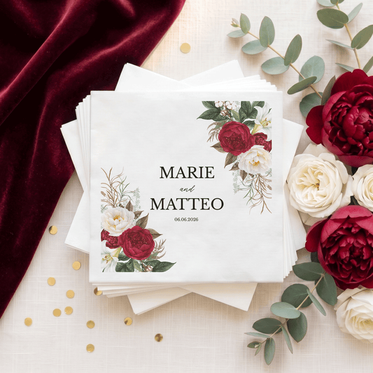 Burgundy Peony Personalized Wedding Napkins
