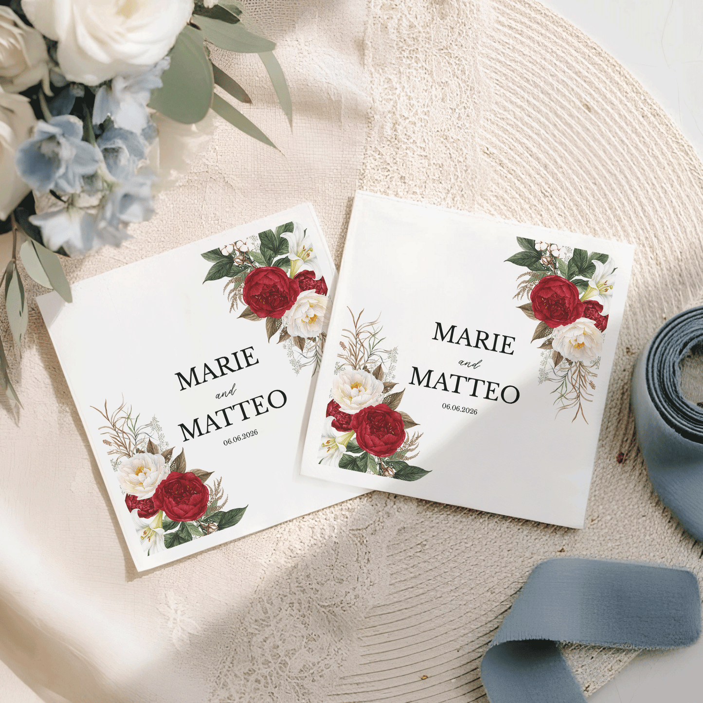 Burgundy Peony Personalized Wedding Napkins