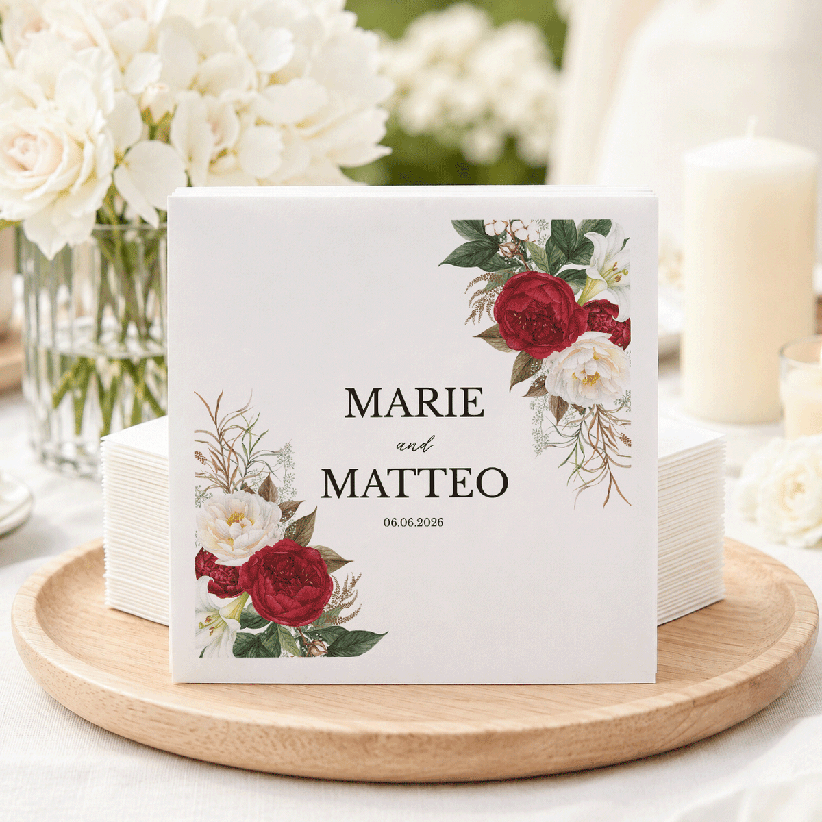 Burgundy Peony Personalized Wedding Napkins