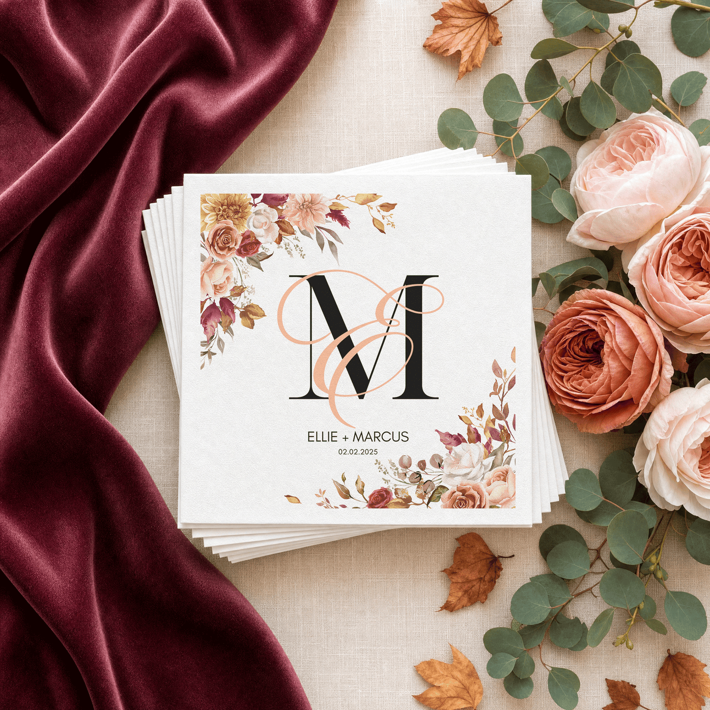 Autumn Floral Monogram Personalized Wedding Napkins