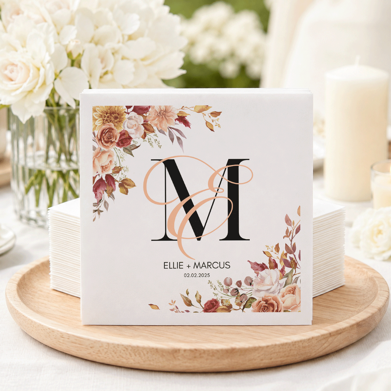 Autumn Floral Monogram Personalized Wedding Napkins