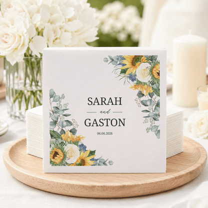 Sunflower and Dusty Blue Personalized Wedding Napkins
