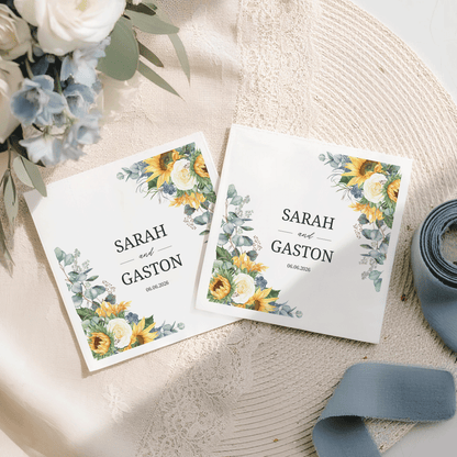 Sunflower and Dusty Blue Personalized Wedding Napkins
