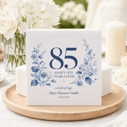 Blue & White Botanical Napkins · 85 Years Loved