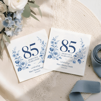 Blue & White Botanical Napkins · 85 Years Loved