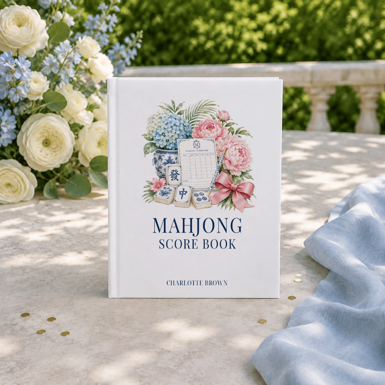 Personalized Mahjong Score Journal · Blue Chinoiserie Florals