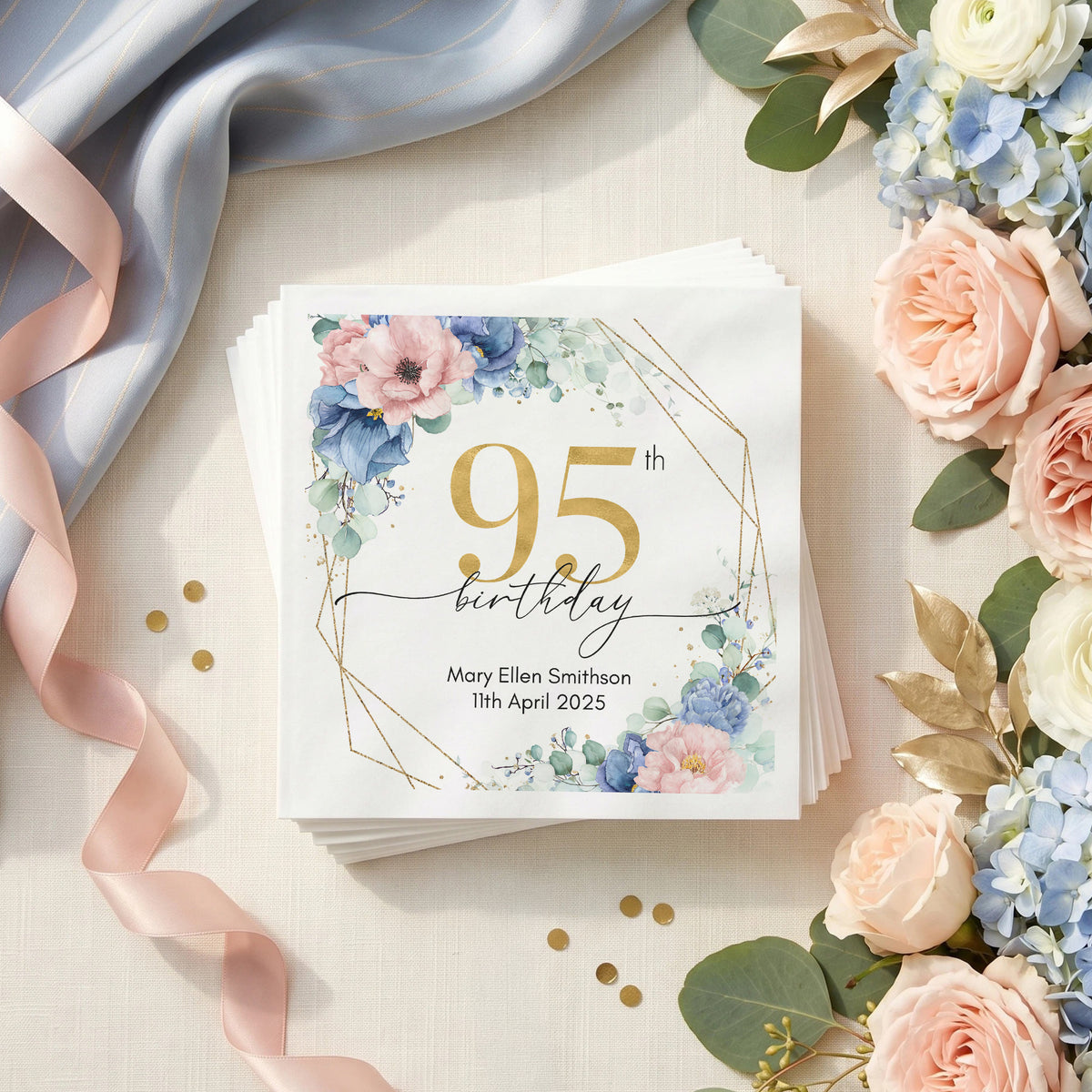 Personalized 95th Birthday Napkins with Blue Blush Florals, Custom Name and Date, Pack of 50