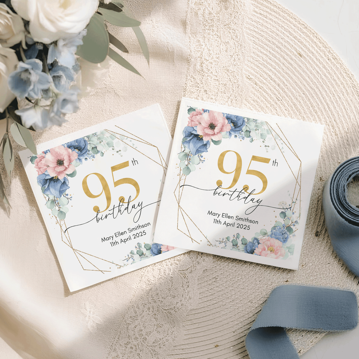 Personalized 95th Birthday Napkins with Blue Blush Florals, Custom Name and Date, Pack of 50