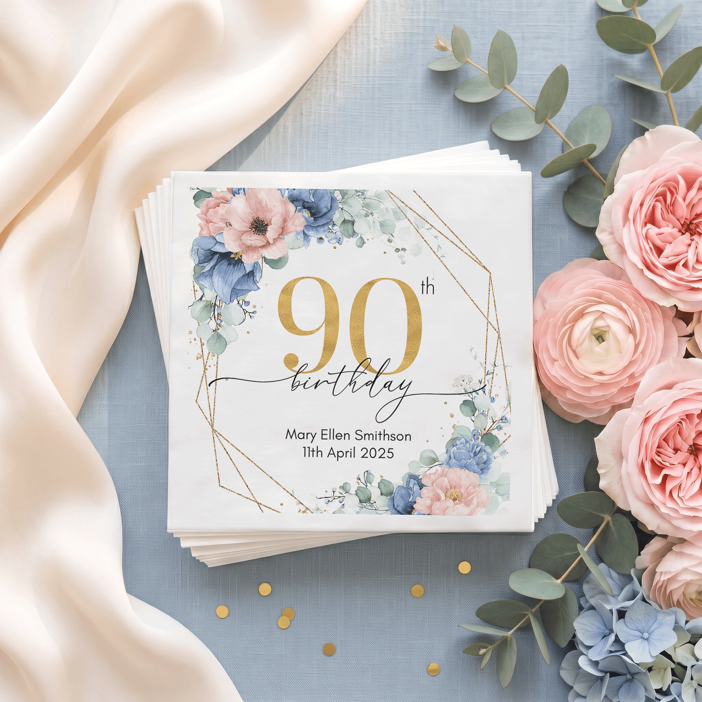Personalized 90th Birthday Cocktail Napkins with Blue Blush Flowers, Name and Date, Pack of 50