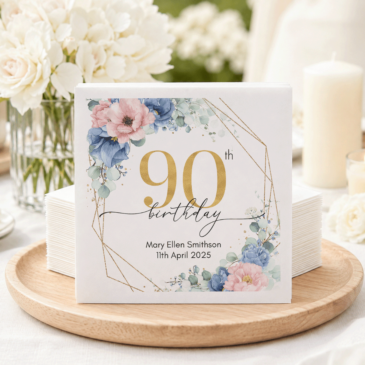 Personalized 90th Birthday Cocktail Napkins with Blue Blush Flowers, Name and Date, Pack of 50
