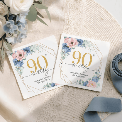 Personalized 90th Birthday Cocktail Napkins with Blue Blush Flowers, Name and Date, Pack of 50