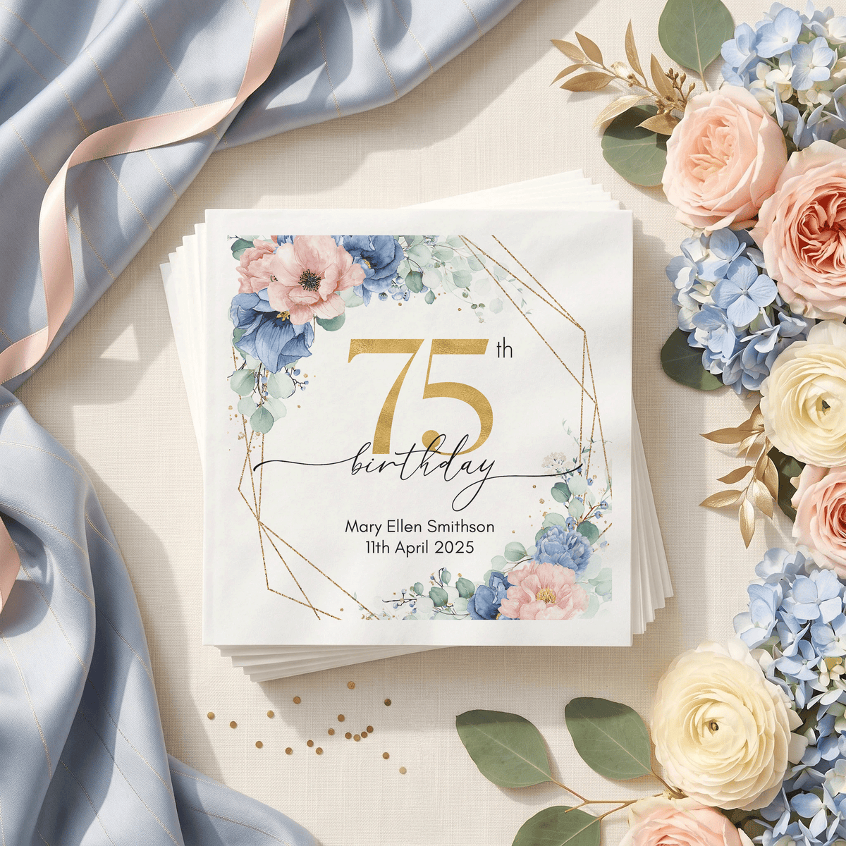 Elegant Floral 75th Birthday Napkins