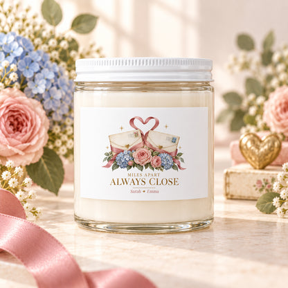 Personalized Long Distance Friendship Soy Candle with Two Names, Miles Apart Always Close, 9 oz Glass Jar