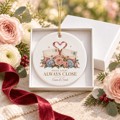 Personalized Long Distance Friendship Ceramic Ornament with Two Names, Double-Sided Miles Apart Keepsake and Gift Box