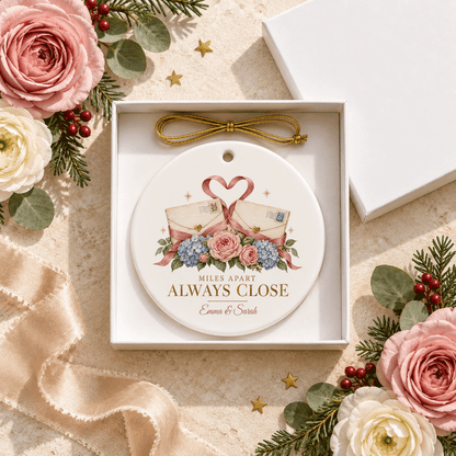 Personalized Long Distance Friendship Ceramic Ornament with Two Names, Double-Sided Miles Apart Keepsake and Gift Box
