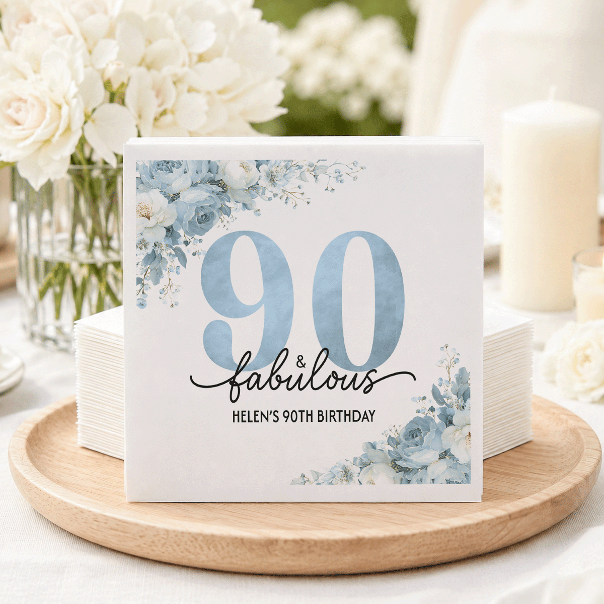 Custom Blue and White Floral Napkins for 90th Birthday