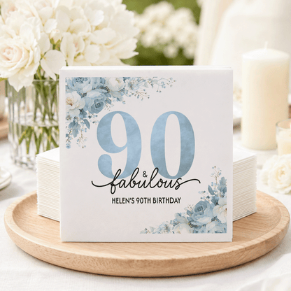 Custom Blue and White Floral Napkins for 90th Birthday