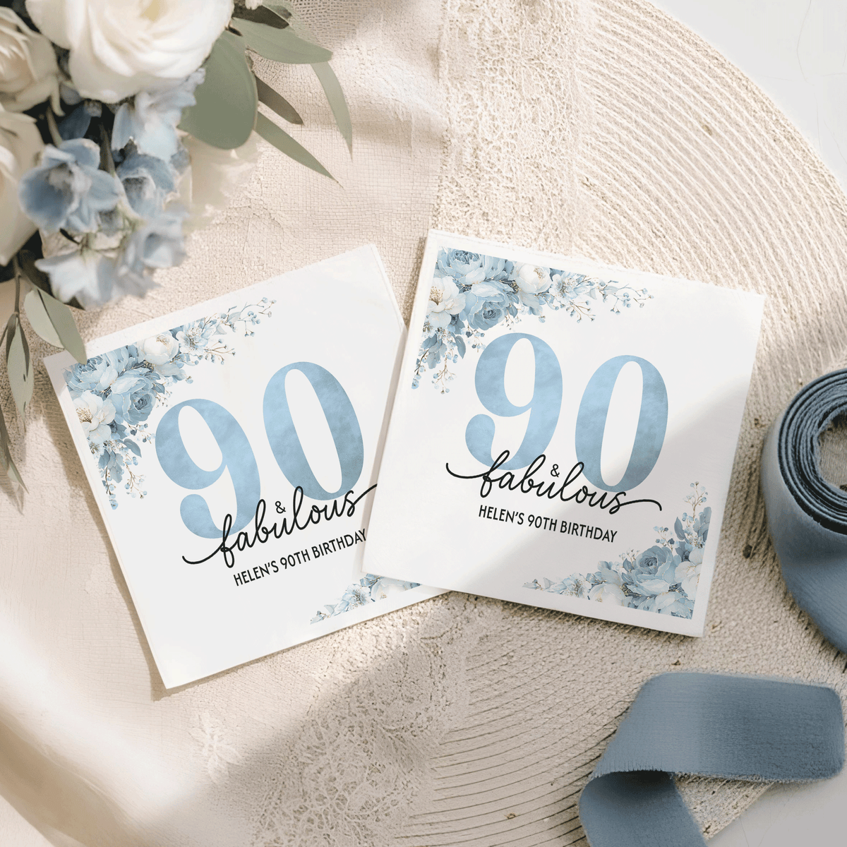Custom Blue and White Floral Napkins for 90th Birthday