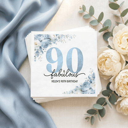 Custom Blue and White Floral Napkins for 90th Birthday