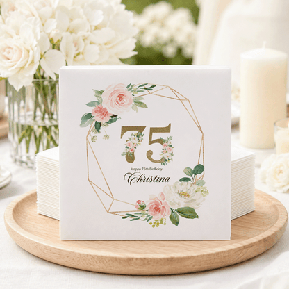 Personalized 75th Birthday Napkins | Floral Gold 75