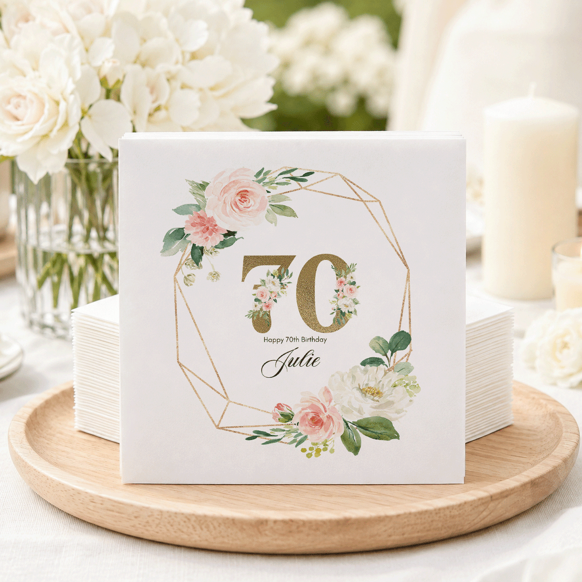 Elegant 70th Birthday Party Napkins | Custom Rose Frame