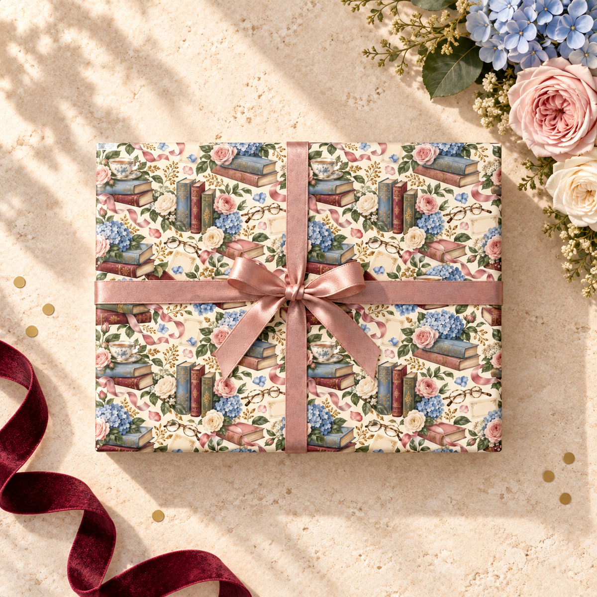 Book-lover wrapping paper featuring vintage books, blue hydrangeas, blush roses, teacups, reading glasses and pink ribbons
