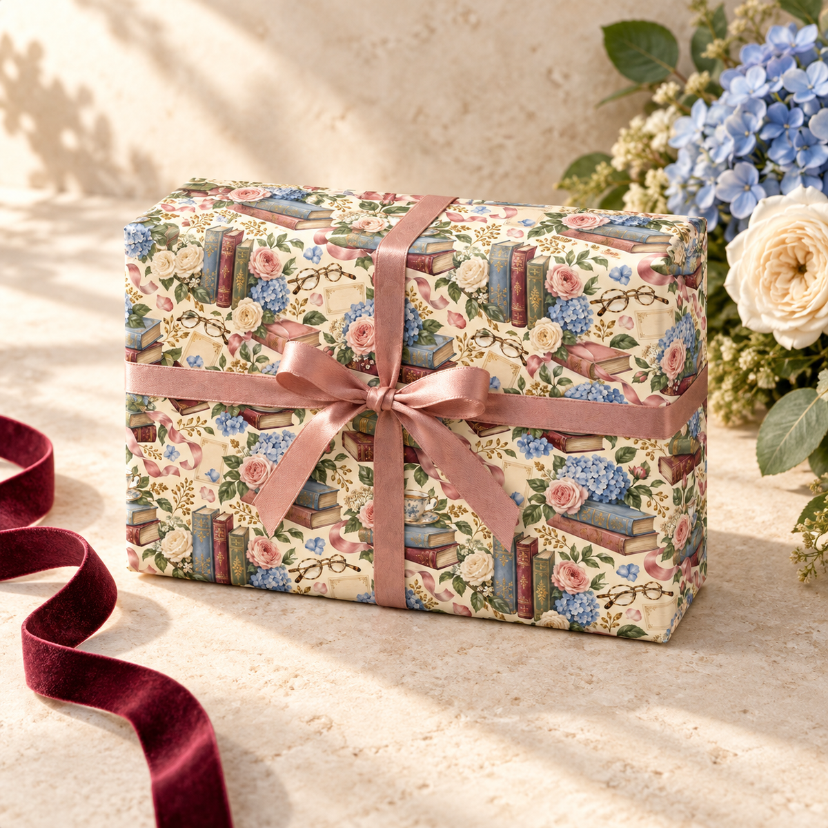 Vintage Books, Hydrangeas & Teacups Wrapping Paper