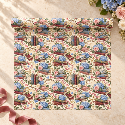 Vintage Books, Hydrangeas & Teacups Wrapping Paper