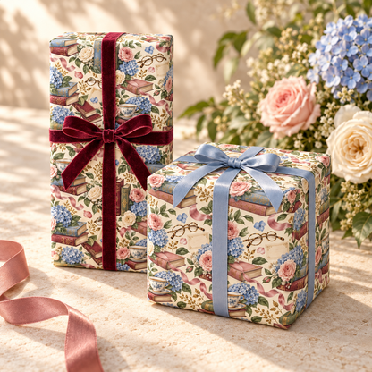 Vintage Books, Hydrangeas & Teacups Wrapping Paper