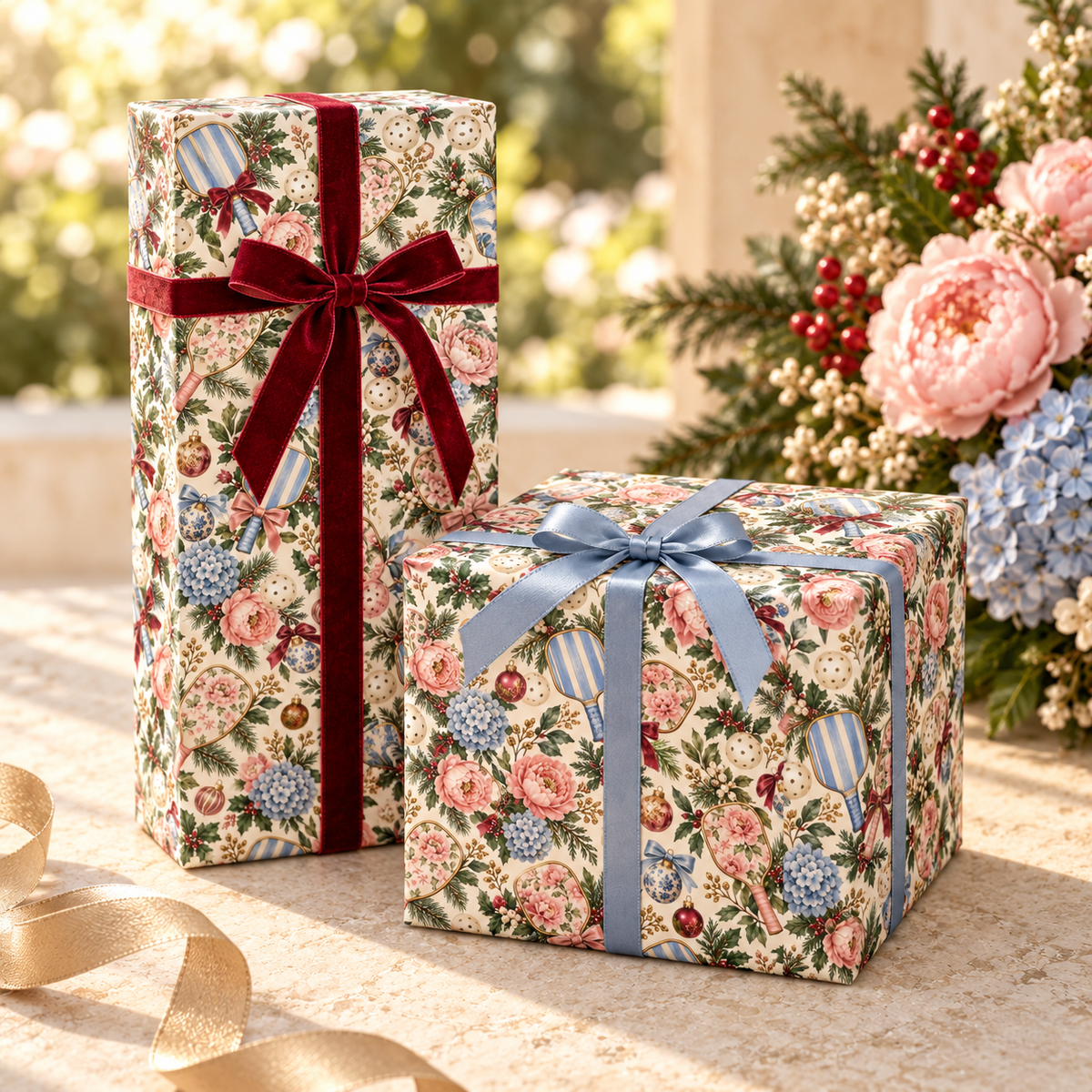 Blue Stripe & Blush Floral Pickleball Christmas Wrapping Paper