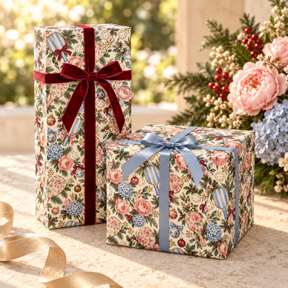 Blue Stripe & Blush Floral Pickleball Christmas Wrapping Paper
