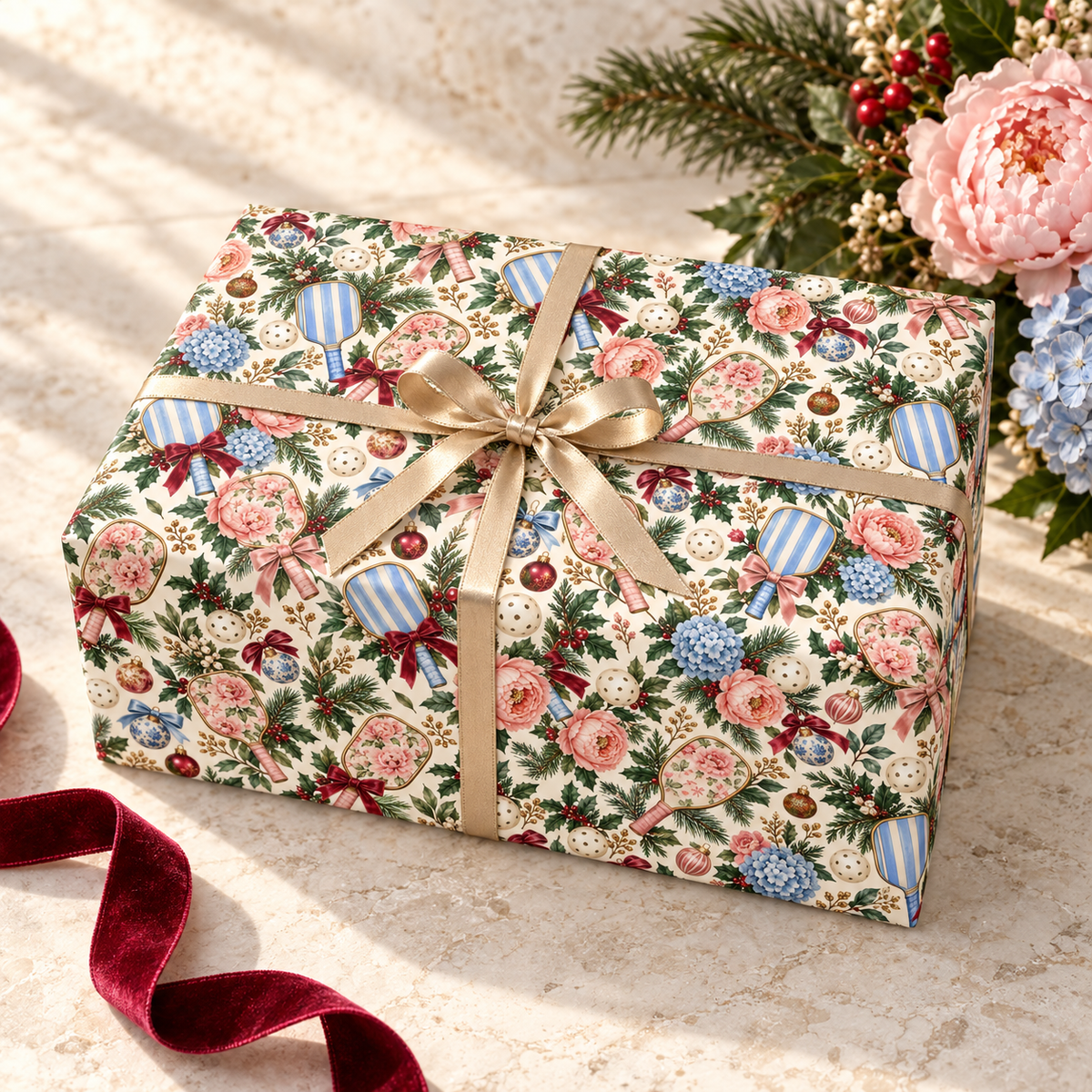 Blue Stripe & Blush Floral Pickleball Christmas Wrapping Paper