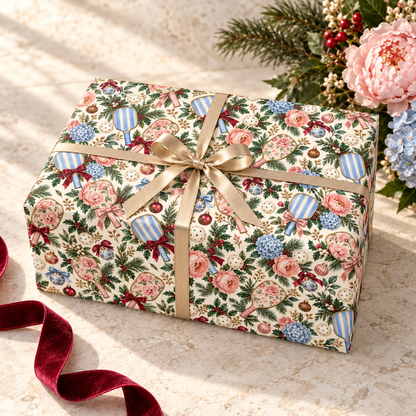 Blue Stripe & Blush Floral Pickleball Christmas Wrapping Paper
