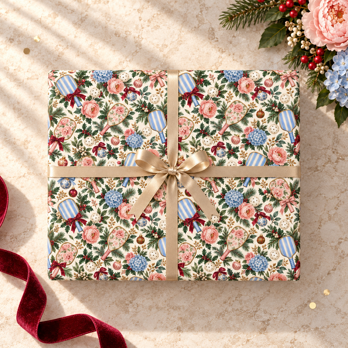 Blue and blush pickleball Christmas wrapping paper with striped and floral paddles, hydrangeas, pink roses, burgundy bows and greenery