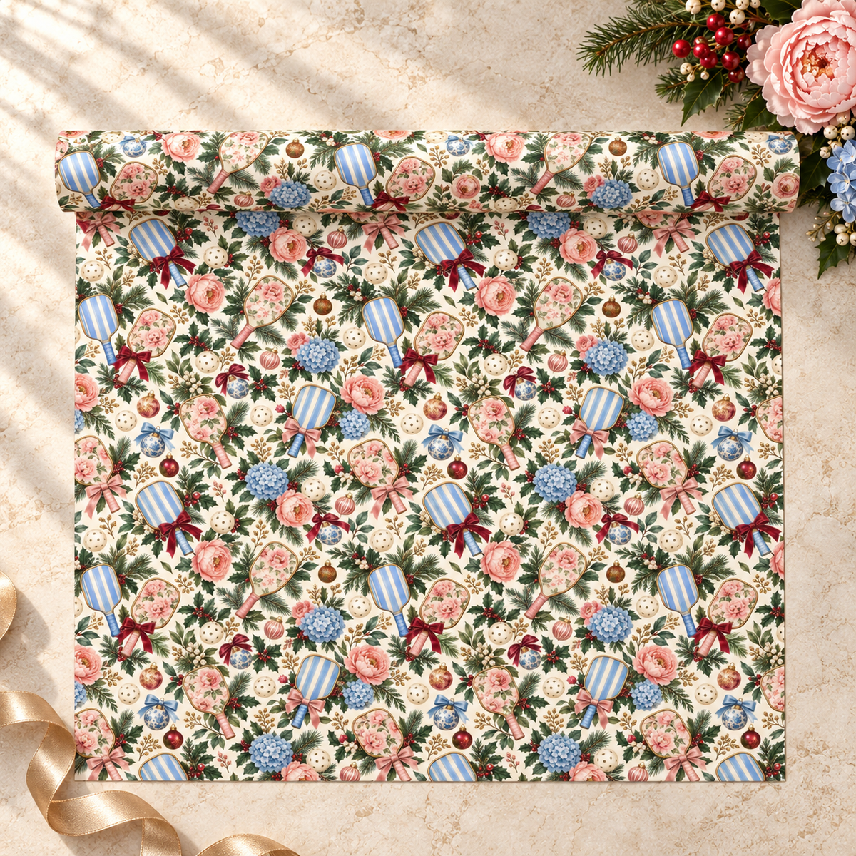 Blue Stripe & Blush Floral Pickleball Christmas Wrapping Paper