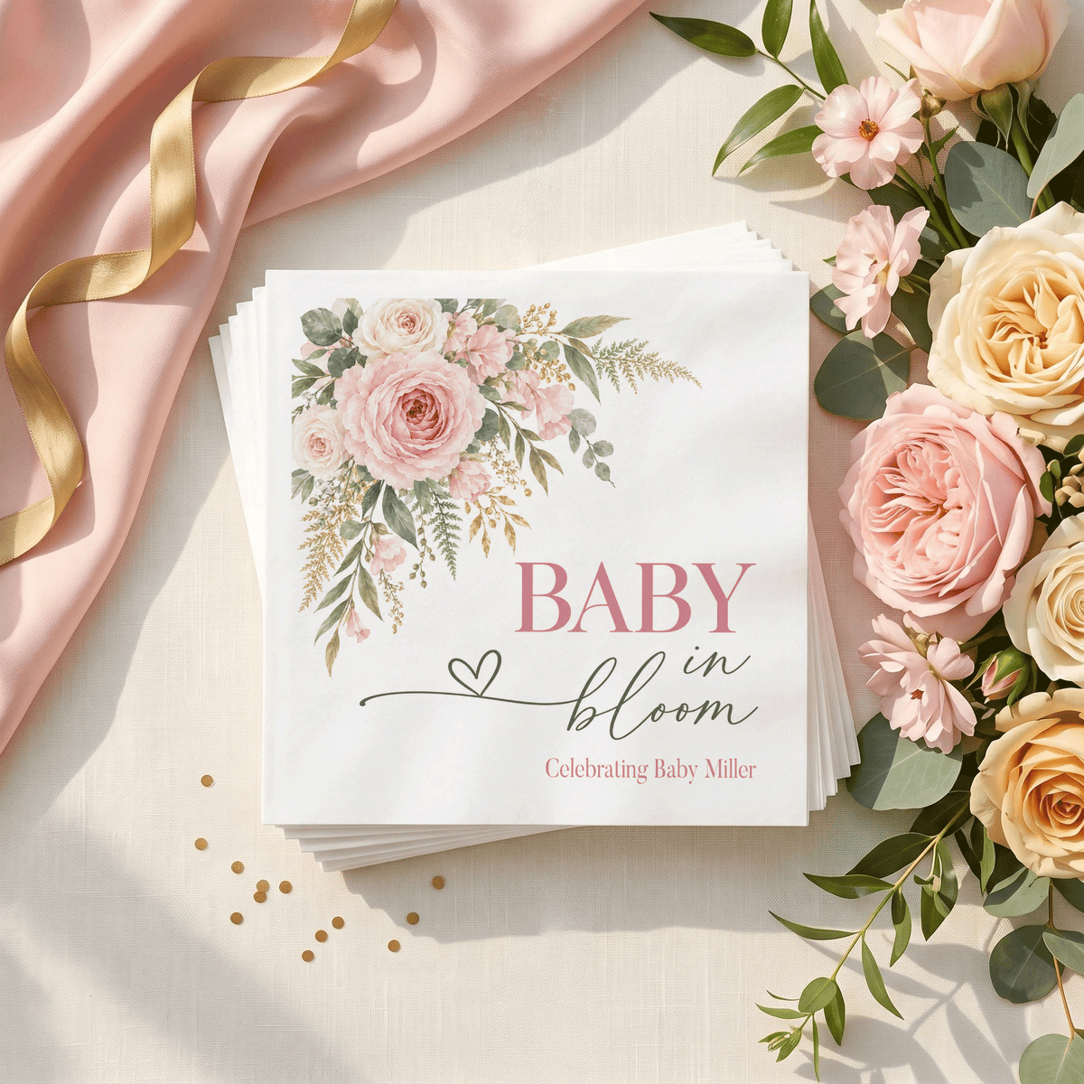 Personalized Baby in Bloom napkin with blush garden roses, ivory flowers, eucalyptus, gold-toned foliage and an editable bottom line