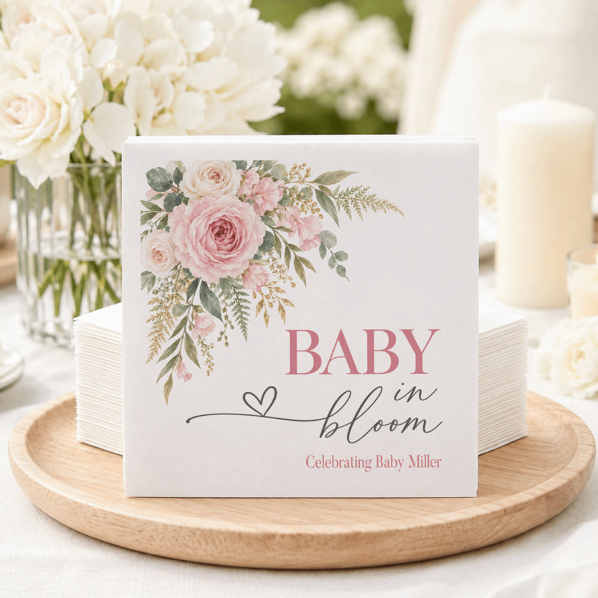 Blush Garden Rose Baby in Bloom Napkins, Personalized