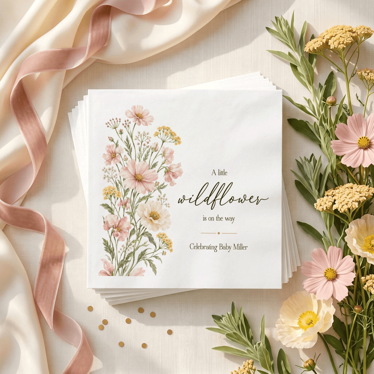 Personalized wildflower baby shower napkin with blush and ivory meadow flowers, A Little Wildflower Is on the Way wording and editable bottom line