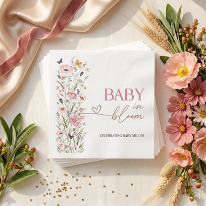 Personalized Baby in Bloom napkin with blush meadow flowers, delicate butterflies and an editable celebration line