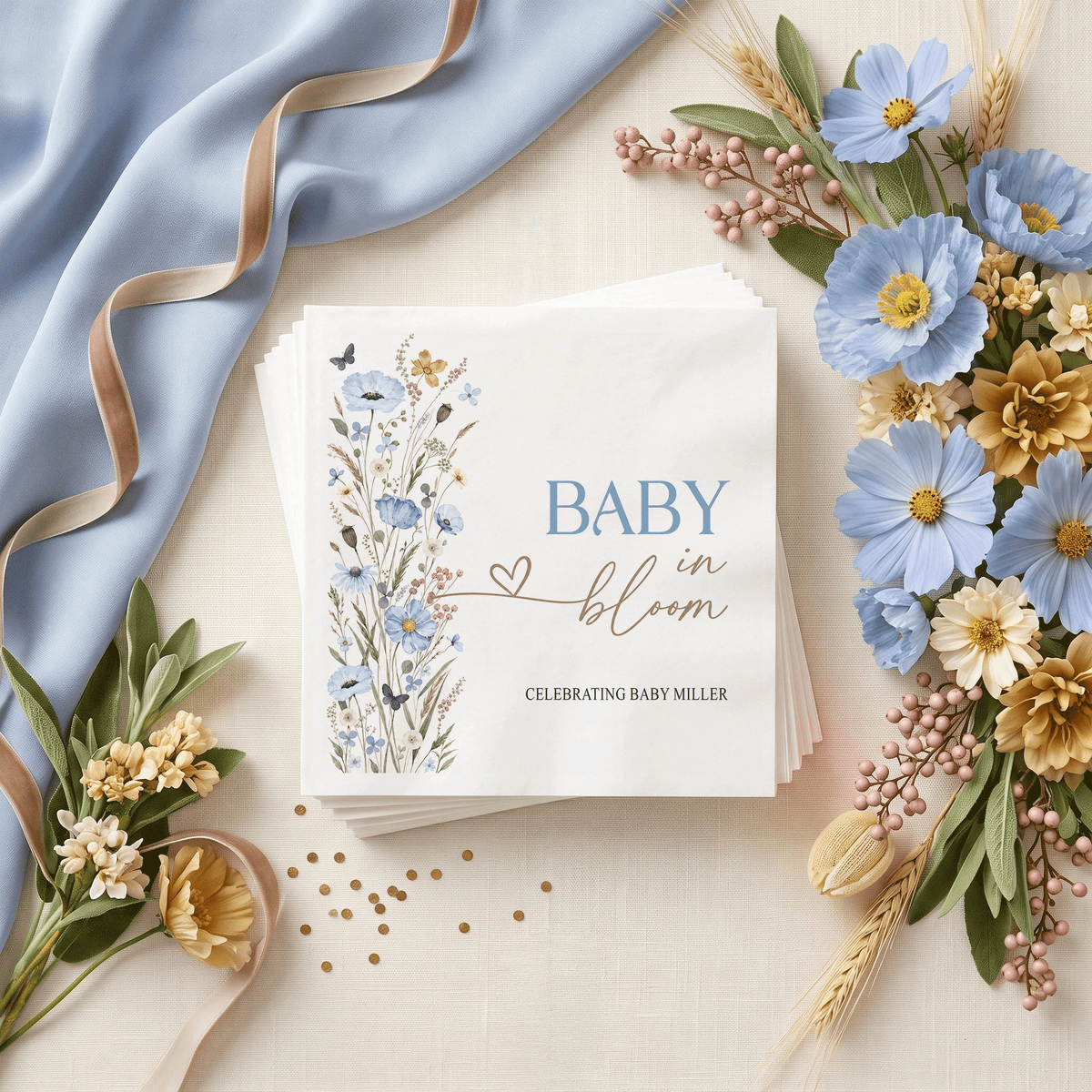 Personalized blue Baby in Bloom napkin with powder-blue meadow flowers, delicate butterflies and an editable celebration line