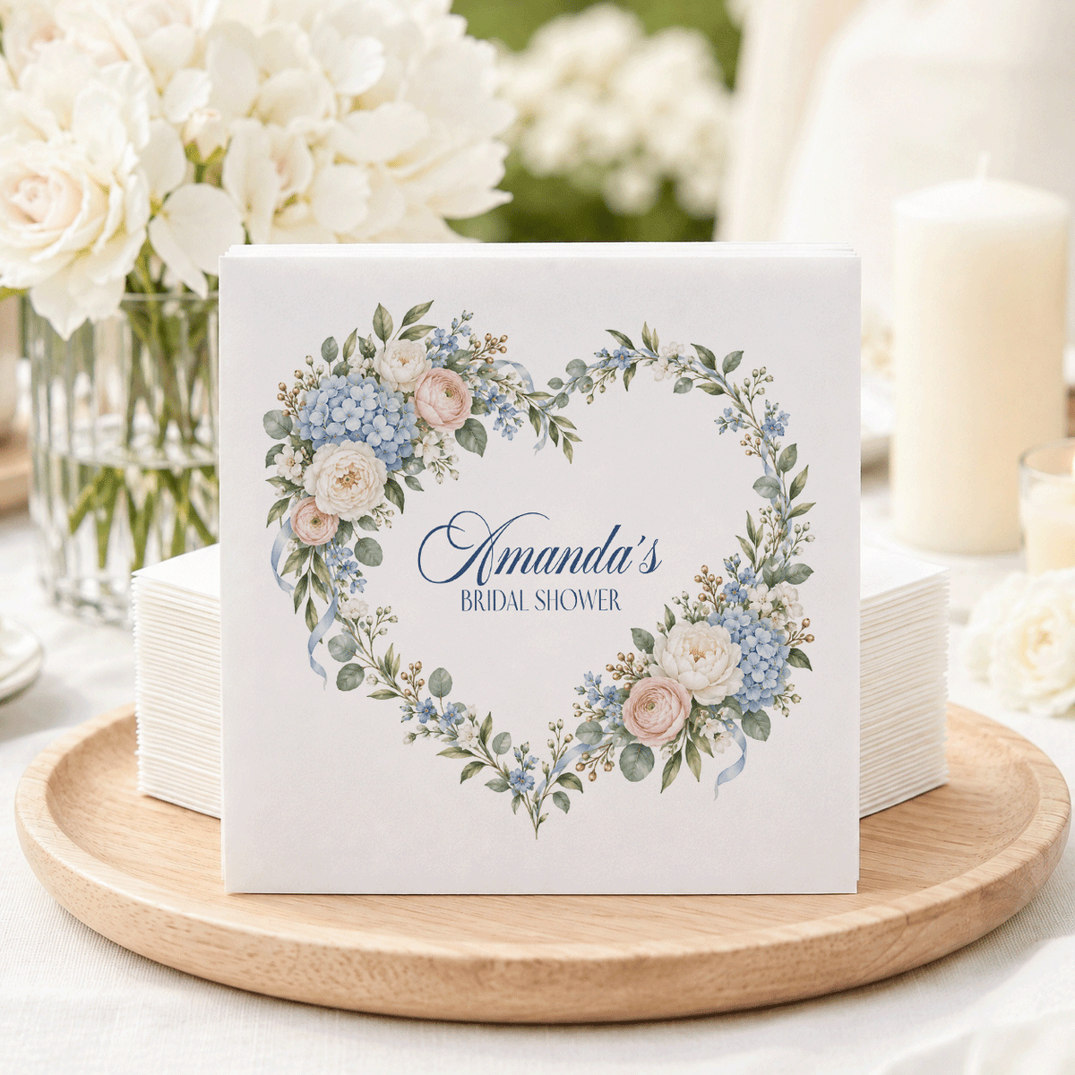 Blue Hydrangea Heart Wreath Bridal Shower Napkins, Personalized