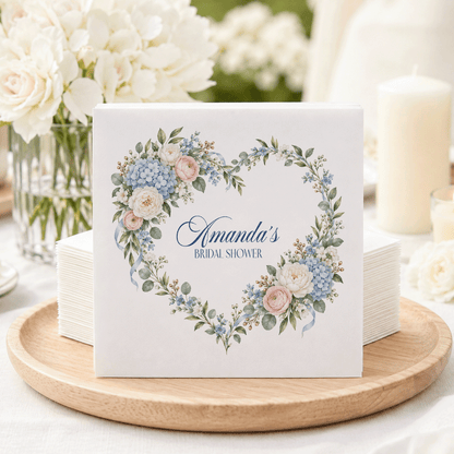 Blue Hydrangea Heart Wreath Bridal Shower Napkins, Personalized