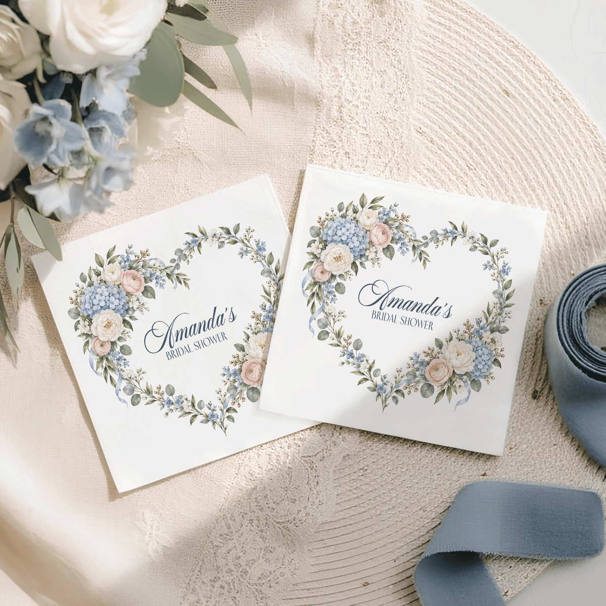 Blue Hydrangea Heart Wreath Bridal Shower Napkins, Personalized