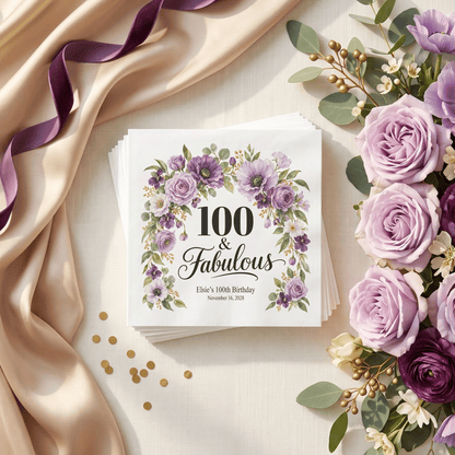 Personalized 100th birthday napkin with lavender roses, purple poppies, 100 and Fabulous wording, and two editable celebration lines