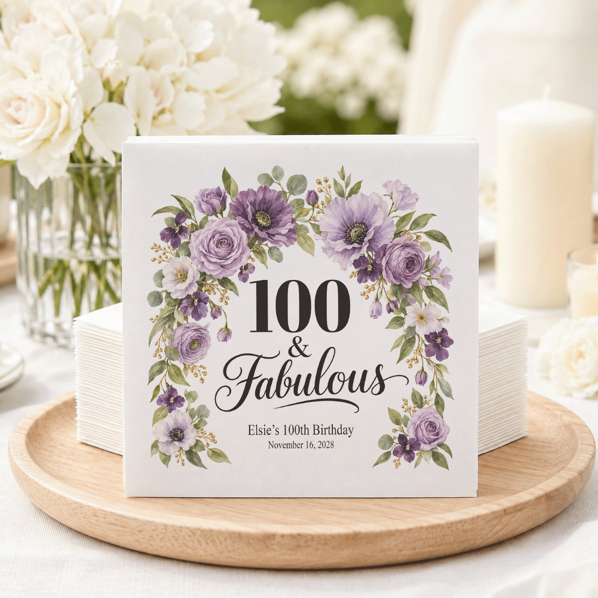 Lavender Rose & Poppy 100th Birthday Napkins, Personalized